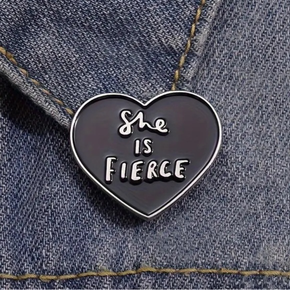 3/$25 Black Heart SilverTone On Back and Around Edges “She is Fierce” Pin - Picture 1 of 7